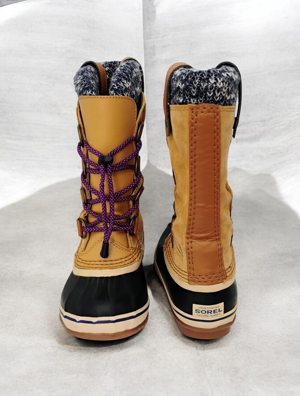 NWOT Sorel Joan of Arctic Knit Waterproof Winter Boots Tan Black Purple Size 1